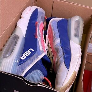 USA Blue and White Sneakers with Red Accents
